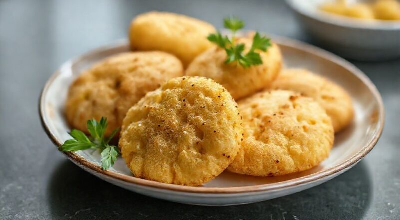 Biscoitos de mandioca dourados, crocantes por fora e macios por dentro, servidos em um prato de cerâmica sobre mesa de madeira.