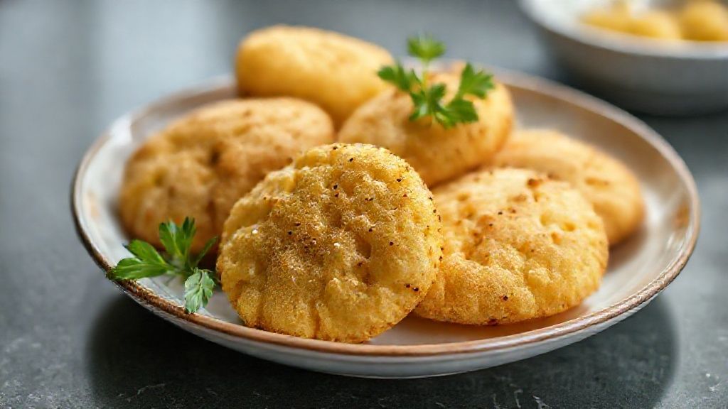Biscoitos de mandioca crocantes e dourados, servidos em prato rústico, com textura perfeita e aparência caseira.