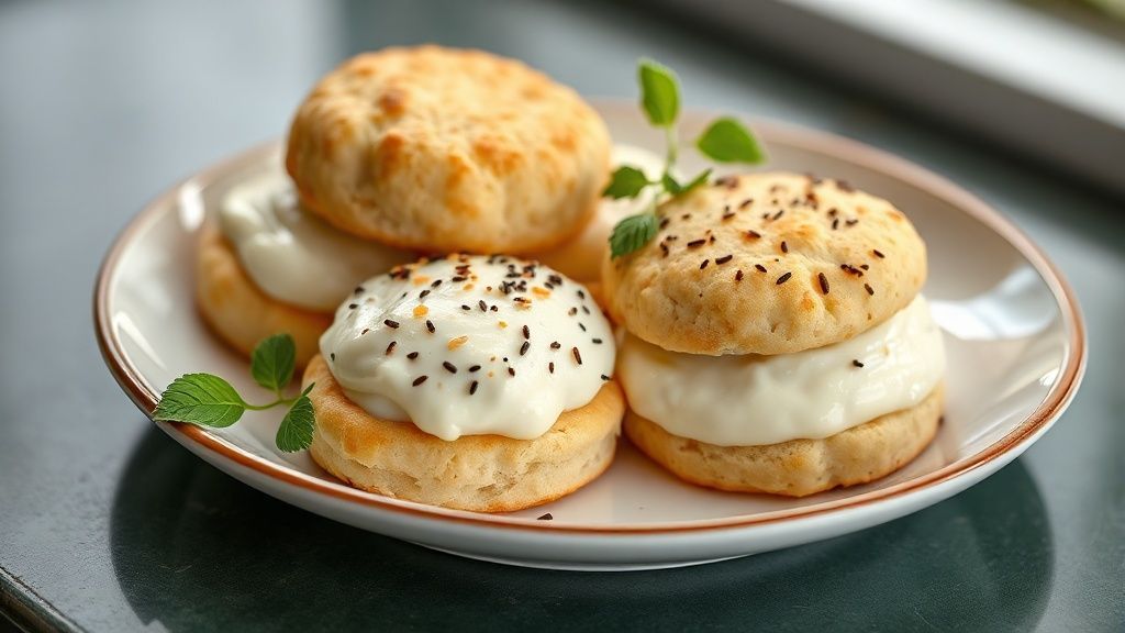 Biscoitos de queijo com nata dourados e crocantes, servidos em prato rústico com xícara de café ao lado