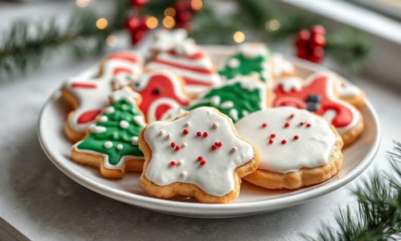 Biscoitos de Natal decorados em formato de árvore, estrela e boneco, com cores vibrantes e glacê brilhante.
