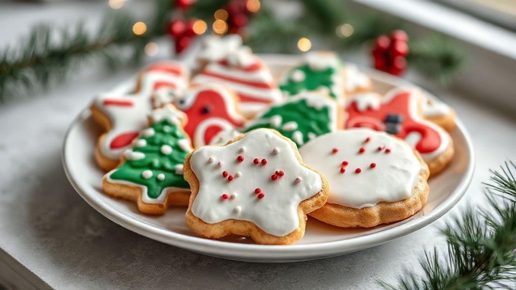 Biscoitos de Natal decorados em formato de árvore, estrela e boneco, com cores vibrantes e glacê brilhante.