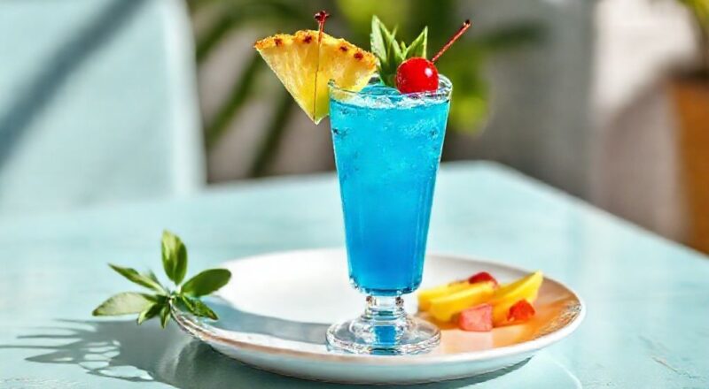 Coquetel azul-turquesa servido em copo alto, decorado com fatia de abacaxi e cereja, com aparência tropical e refrescante.