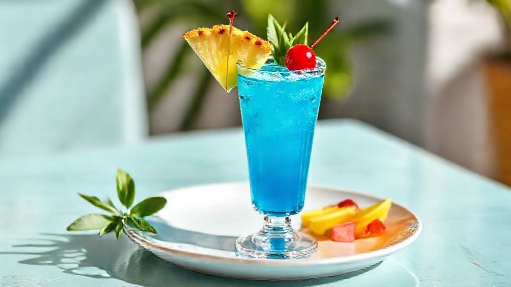 Copo alto de Blue Hawaiian sem álcool decorado com abacaxi e cereja, bebida azul tropical cremosa e refrescante.