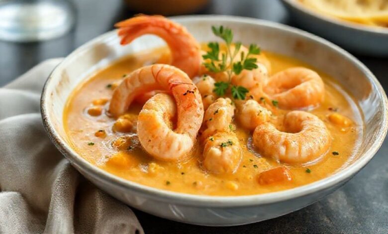 Bobó de abóbora com camarão servido quente, com arroz branco e coentro fresco, cremoso e colorido