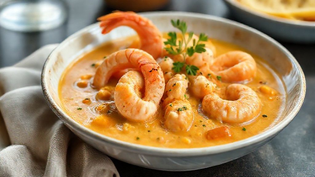 Bobó de abóbora com camarão servido quente, com arroz branco e coentro fresco, cremoso e colorido