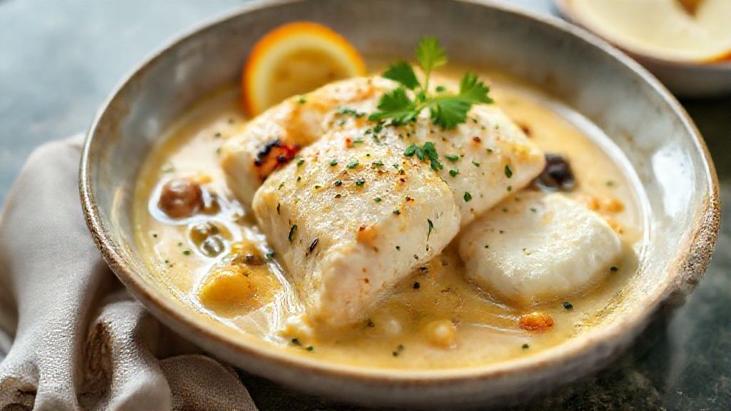 Bobó de bacalhau cremoso servido em tigela rústica, com coentro fresco e azeite por cima