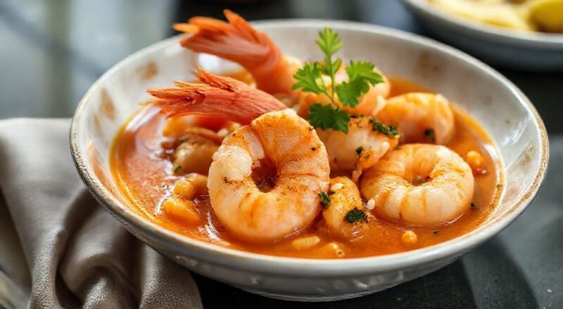 Prato de bobó de camarão cremoso sem azeite de dendê, decorado com camarões rosados e ervas frescas, servido em tigela elegante.