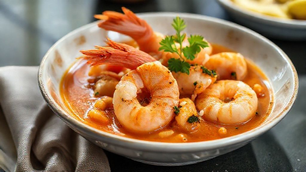 Bobó de camarão sem azeite de dendê servido em prato fundo, cremoso e dourado, com camarões suculentos e cheiro-verde.