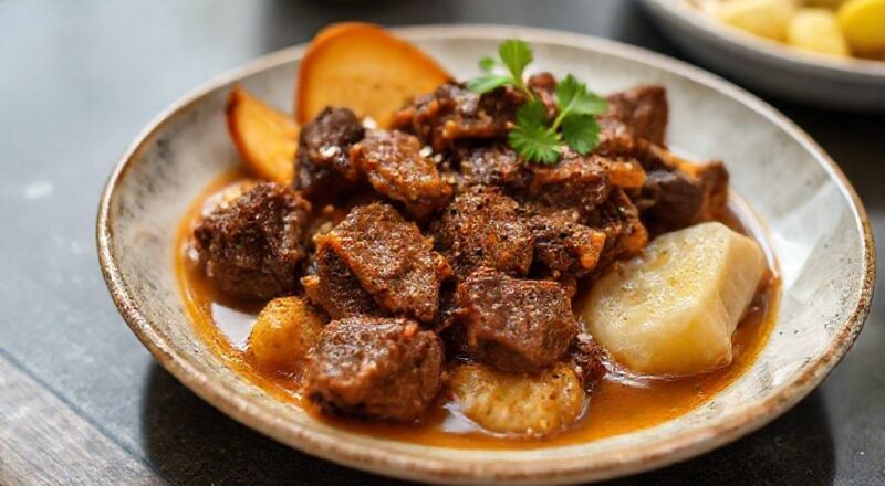 Bobó de carne seca cremoso servido em uma tigela rústica, com pimentões e cheiro-verde por cima.