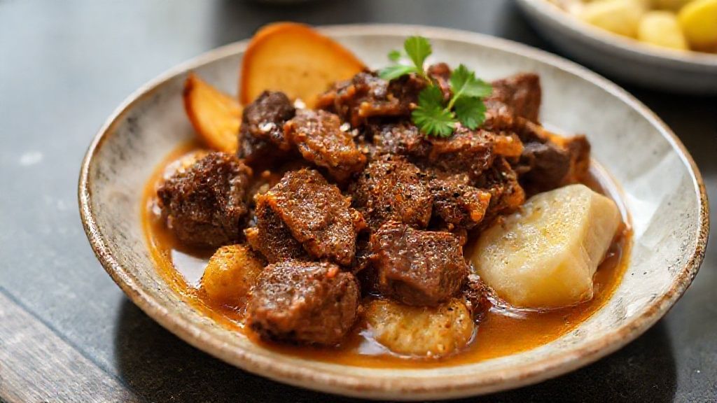 Prato de bobó de carne seca cremoso servido com arroz branco, decorado com cheiro-verde e pimentões coloridos.