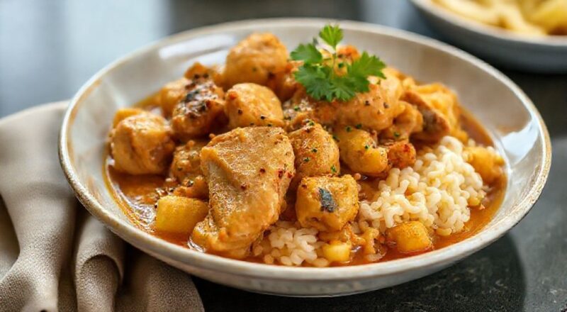 Um prato cremoso de bobó de frango com aipim servido em uma tigela rústica, com cores vibrantes e textura aveludada