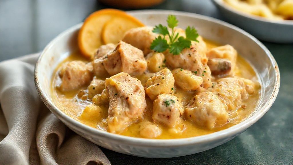 Prato de bobó de frango com aipim cremoso servido com arroz branco e cheiro-verde