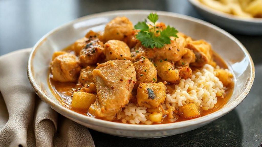 Prato de bobó de frango com aipim cremoso e colorido, servido em tigela com cheiro-verde, tradicional da culinária baiana