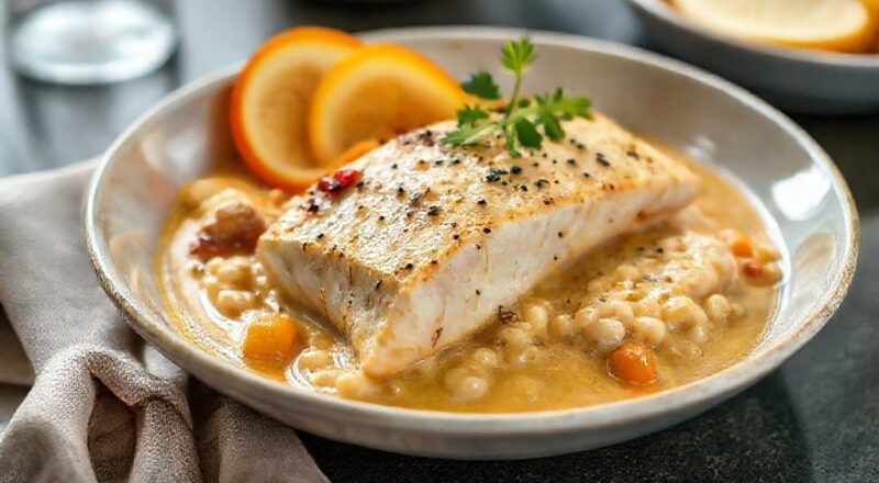 Bobó de tilápia pronto, cremoso e colorido, decorado com coentro e servido com arroz branco