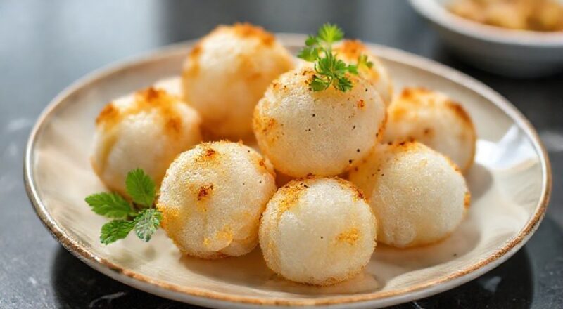 Bolinhas douradas e crocantes de polvilho servidas em uma tigela de cerâmica, com textura leve e apetitosa