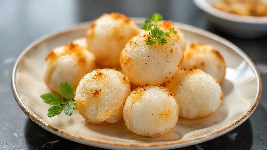 Bolinha de polvilho crocante dourada e leve servida em tigela rústica, perfeita para café ou lanche