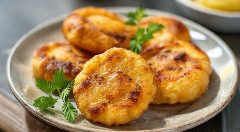 Bolinhos de água dourados e crocantes servidos em tigela rústica com xícara de café ao fundo