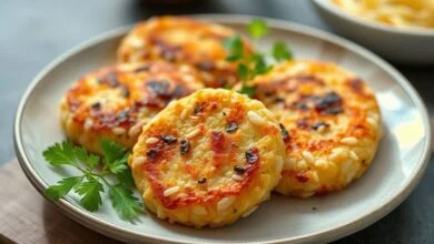 Bolinhos dourados e crocantes servidos em um prato de cerâmica com molho de pimenta ao lado