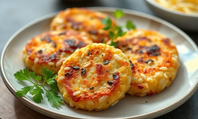 Bolinhos dourados e crocantes servidos em um prato de cerâmica com molho de pimenta ao lado