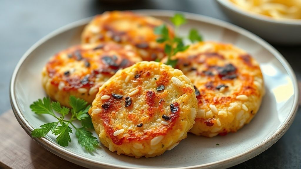 Bolinhos dourados e crocantes servidos em um prato de cerâmica com molho de pimenta ao lado