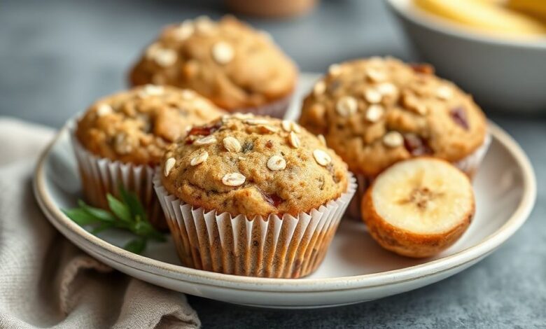 Bolinhos dourados e fofos de banana com aveia, servidos em prato rústico sob luz natural