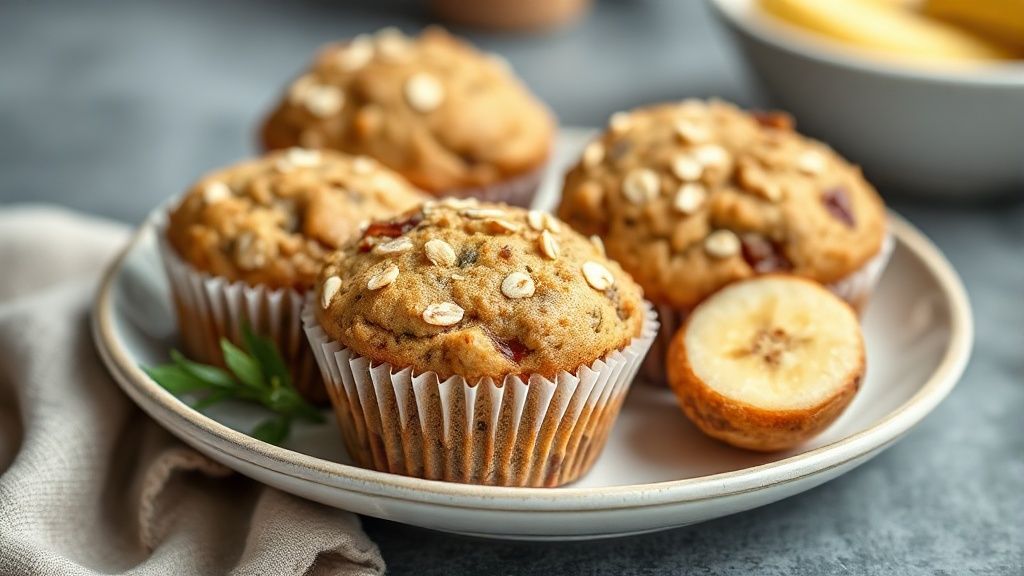 Bolinhos dourados e fofos de banana com aveia, servidos em prato rústico sob luz natural