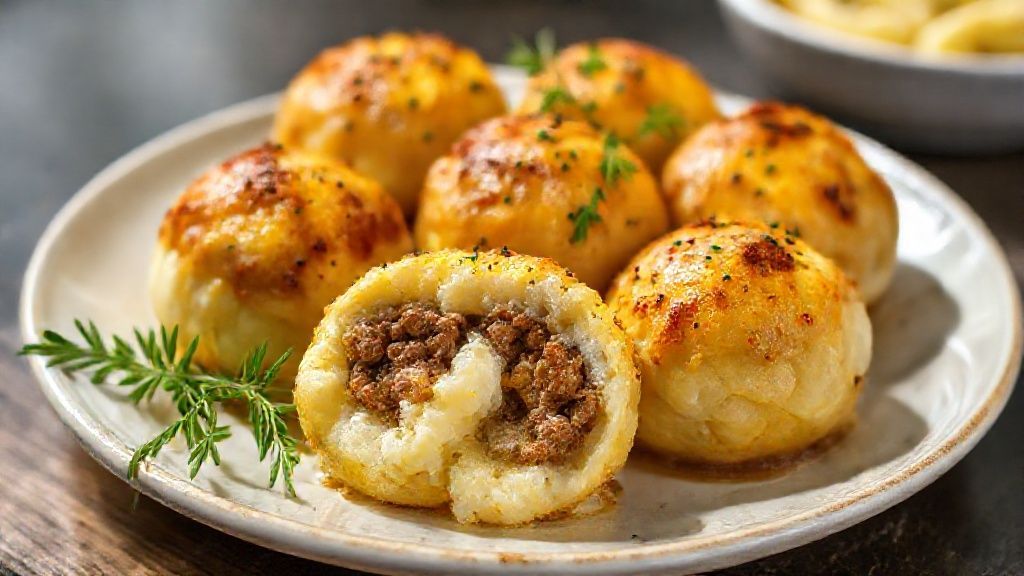Bolinho de batata com carne moída gratinado, dourado e recheado com queijo derretido, servido em refratário