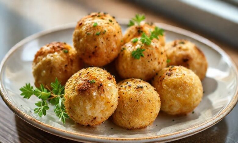 Bolinhos dourados e crocantes acomodados em prato rústico com molho de ervas ao lado, prontos para servir