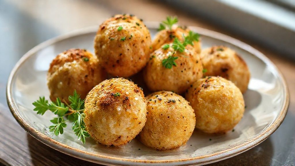 Bolinhos dourados e crocantes acomodados em prato rústico com molho de ervas ao lado, prontos para servir