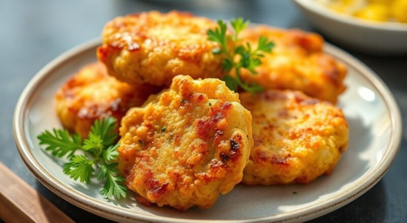 Bolinhos dourados e crocantes de falso bacalhau servidos com rodelas de limão e molho, visual apetitoso e caseiro