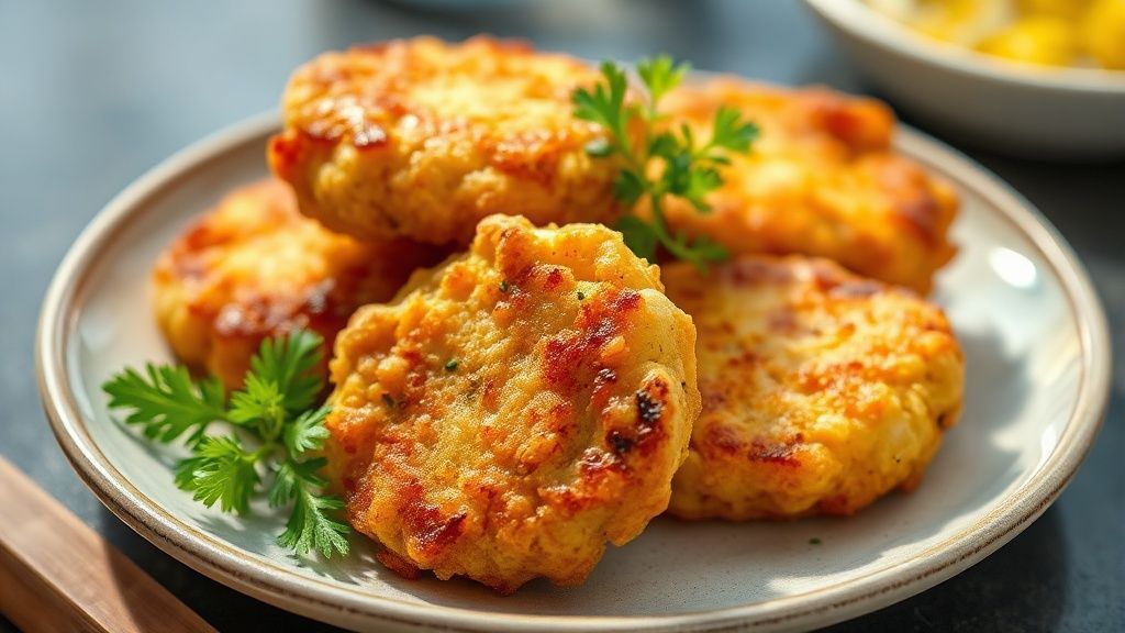 Bolinhos de falso bacalhau na air fryer dourados e crocantes servidos com limão e molho
