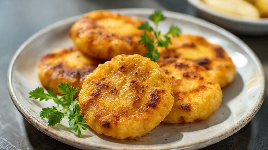 Bolinho de mandioca sem fritura dourado e crocante servido em prato rústico