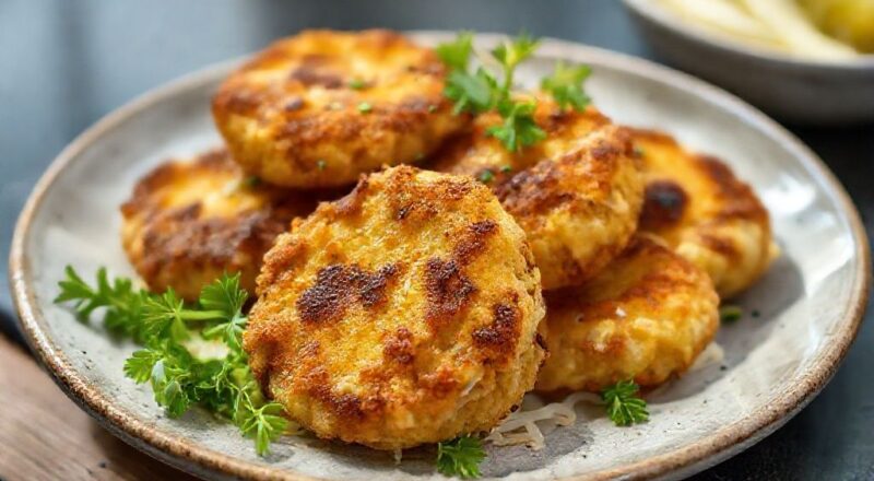 Prato com bolinhos de repolho dourados por fora e cremosos por dentro, servidos com molho de acompanhamento.
