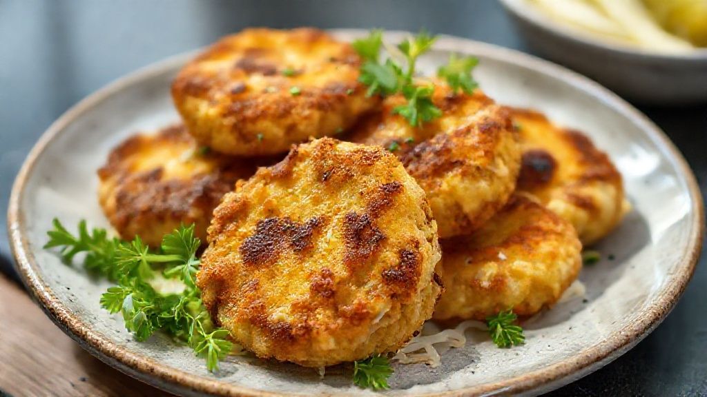 Bolinho de repolho crocante servido dourado com queijo derretido e bacon, pronto para o lanche.