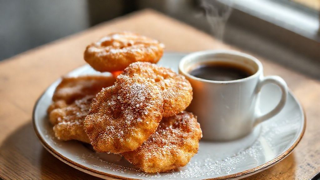 Bolinho para o café crocante por fora e macio por dentro, servido com açúcar e canela, perfeito para o café da tarde.