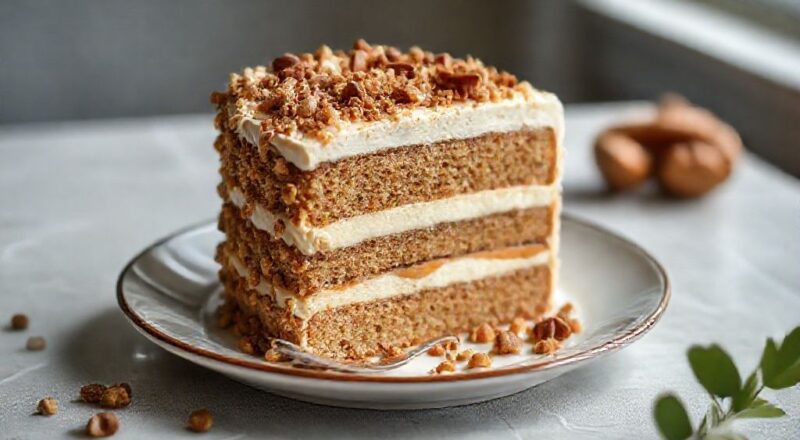 Bolo bem casado decorado com açúcar de confeiteiro e nozes, exibindo camadas cremosas e textura leve