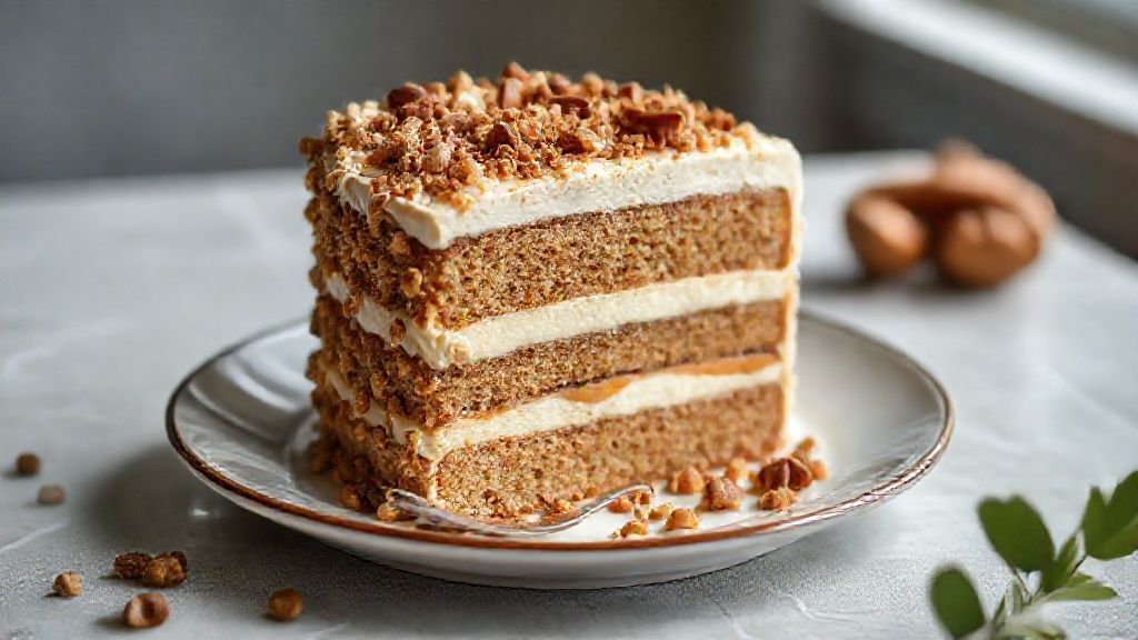 Bolo bem casado com recheio de nozes e doce de leite decorado com açúcar de confeiteiro e nozes inteiras