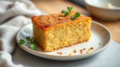 Bolo dourado e macio de flocão de milho, servido em prato rústico com fatia cortada e fumaça saindo