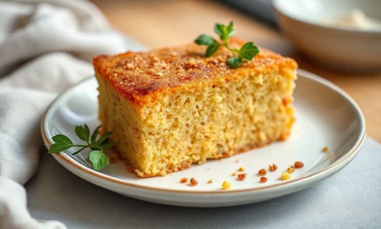 Bolo dourado e macio de flocão de milho, servido em prato rústico com fatia cortada e fumaça saindo