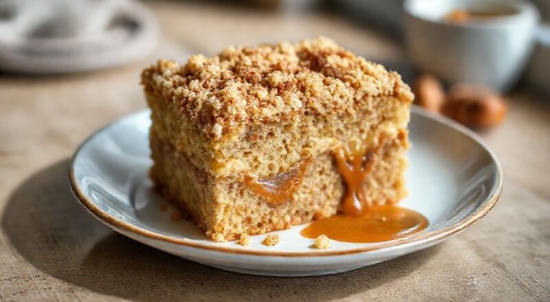 Bolo cuca de banana dourado e fofo, com farofa crocante e camadas cremosas de doce de leite, servido em uma tábua rústica.