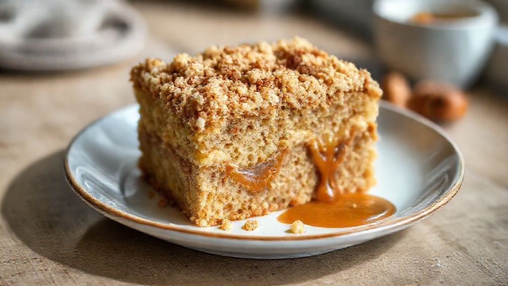 Bolo cuca de banana com farofa dourada e recheio de doce de leite cremoso, servido em pedaços apetitosos.