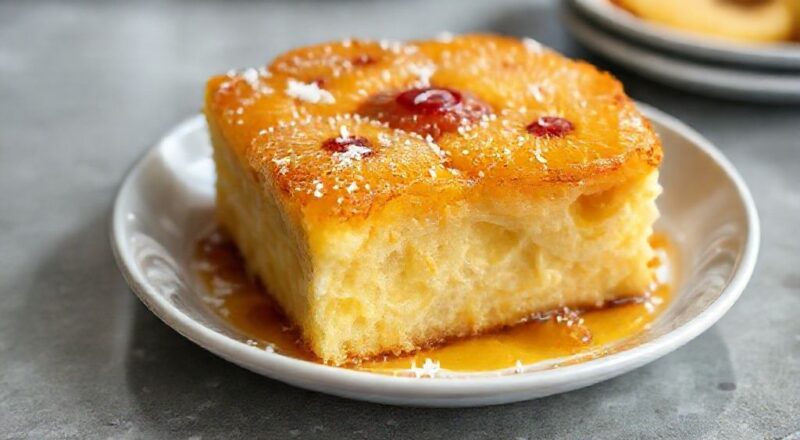 Bolo dourado e brilhante de abacaxi caramelizado com coco, fatiado e servido com calda escorrendo