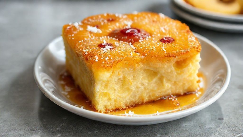 Bolo de abacaxi caramelizado com coco dourado e úmido, servido em prato branco com calda brilhante
