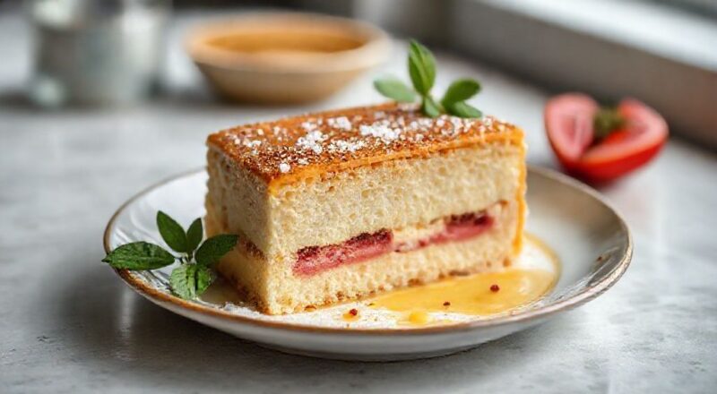 Bolo de água dourado, macio e leve, servido em prato branco com cobertura fina e aparência caseira e apetitosa