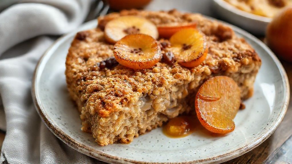 Bolo de aveia na frigideira dourado com maçãs caramelizadas servido em prato rústico