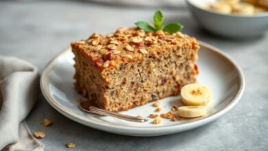 Bolo de banana com aveia dourado, fofinho e úmido, servido em fatias sobre prato elegante.
