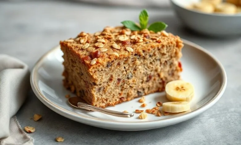 Bolo de banana com aveia dourado, fofinho e úmido, servido em fatias sobre prato elegante.