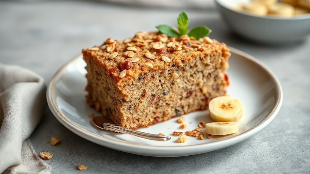 Bolo de banana com aveia dourado, fofinho e úmido, servido em fatias sobre prato elegante.