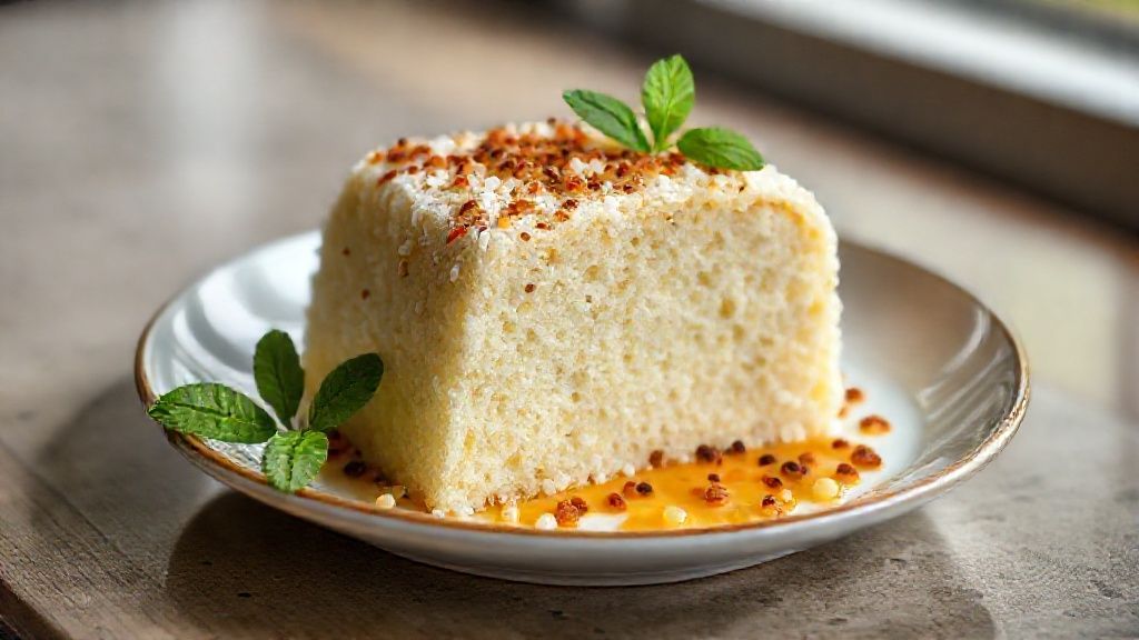 Bolo de caroço nordestino pronto, dourado e úmido, feito com tapioca granulada e coco ralado