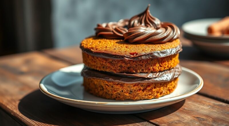 Bolo de cenoura fofinho coberto com calda brilhante de chocolate, cortado em fatias e servido em prato rústico